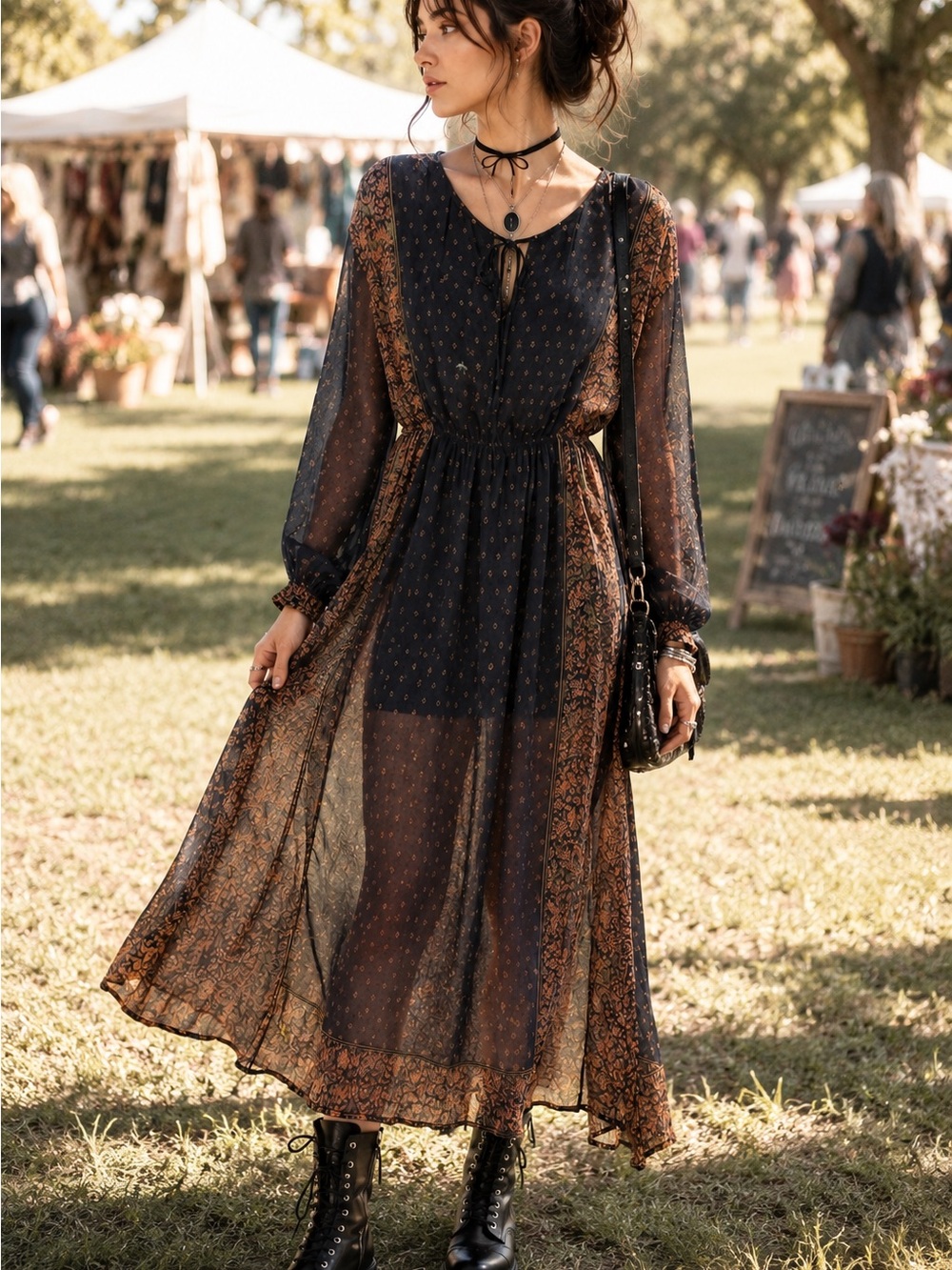 Lucky Brand Sheer Boho Midi Dress Black Brown Festival WhimsiGoth Romantic S - Picture 3 of 10